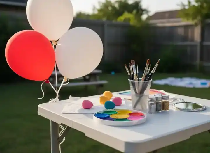 Face painting kit on a folding table at a backyard party: bright paint palette, brushes, sponges and glitter
