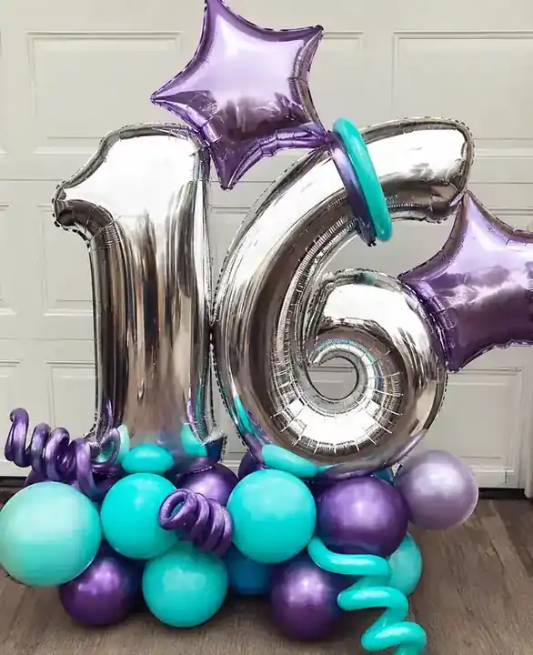 Silver 16 foil number bouquet with purple stars and teal balloons